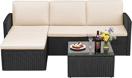 Devoko Patio Sofa,Outdoor Furniture Set 4 Pieces,Wicker Sectional Couch with Glass Desktop and 75.9in Wide Backrest for Backyard, Deck,Porch & Poolside(Black)