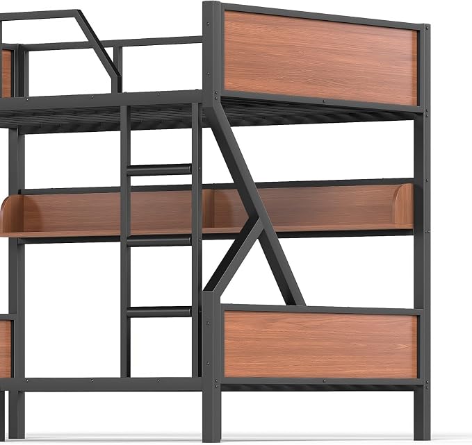KEIKI Full Over Full Bunk Bed, Heavy Duty Metal Bunkbed with Storage Shelves, Lights, Bottom Space & Guardrail for Aldults Dorm Bedroom Guest Room, No Box Spring Needed, Noise-Free Design