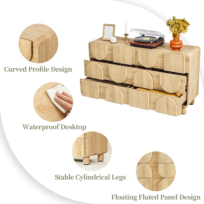 Fluted Dresser for Bedroom with 6 Drawers, 54" Wide Mid Century Modern Chest of Drawers , Wooden Curved Dresser TV Stand, Wood Closet Clothes Storage Organizer for Living Room, Hallway, Natural