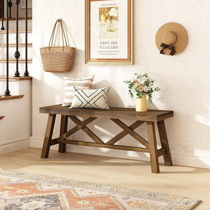 Wnutrees 43" Farmhouse Wood Bench, Rustic Solid Wood Entryway Bench Seat with Double X-Structure for Dining Area Living Room Hallway, Structural Stability, Natural
