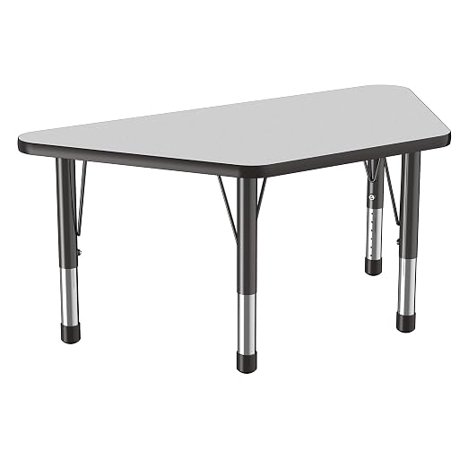 FDP Trapezoid Activity School and Classroom Kids Table (24 x 48 inch), Chunky Toddler Legs for Collaborative Seating Environments, Adjustable Height 15-24 inches - Gray Top and Black Edge