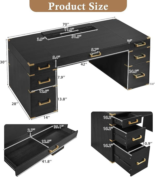 RuiSiSi 70” Extra-Large Classic and Traditional Executive Desk with Metal Edge Trim, Writing Desk with 2 File Drawers, USB Ports and Outlets, Black+Gold