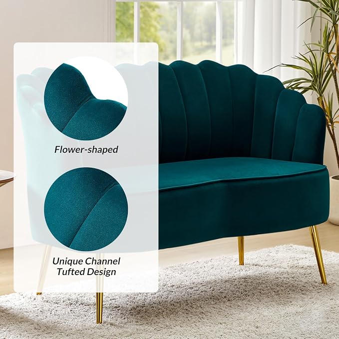 Velvet Upholstered Loveseat Sofa with Gold Metal Legs, Modern Comfy Small Love Seat with Flower Shaped Back, 2-Seater Sofa Accent Couch for Living Bedroom Leisure Areas