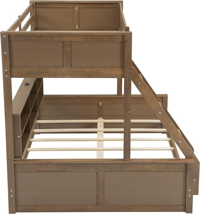 RUNNA Twin XL Over Queen Bunk Bed with Storage,USB Ports,Wood | Twin XL over queen bunk bed with storage cabinets, USB, solid pine wood, guardrails, no box spring needed,Wood