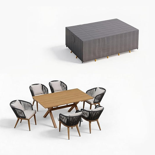 PURPLE LEAF 7 Pieces Patio Dining Set with Waterproof Furniture Cover Rectangular Table and Chairs Set for Garden Deck Aluminum Frame Backyard Kitchen Set, Cushions and Pillows Included Teak