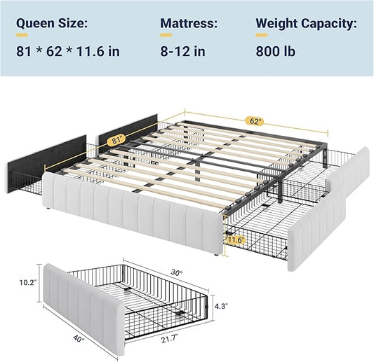 Allewie Queen Size Platform Bed Frame with 4 Large Storage Drawers, Velvet Vertical Channel Tufted Upholstered Bed Base, Wooden Slats Support, Noise-Free, No Box Spring Needed, Easy Assembly, White