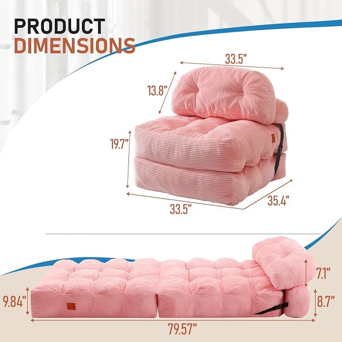 Folding Sofa Bed, Convertible Sleeper Chair with Back Support and Pillow Futon,Boneless Foldable Couch for Living Room/Guest Use/Home Office, Foldable Chair Bed for Adults, Pink