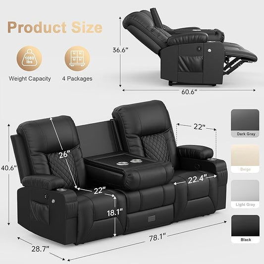 Loveseat Recliner Sofa with Flip Backrest Design, 3 Seat Reclining Couch with Drawer, Pocket, USB Ports & Phone Holders, Wall Hugger RV Sofa Recliner Couch for Home Theater Seating