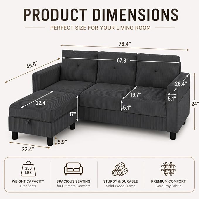 Convertible Sectional Sofa with Storage Ottoman, 77” L-Shaped 3-Seat Couch with Skin-Friendly Corduroy Fabric, Reversible Small Sectional for Small Space, Apartment, Living Room and Office(Dark Grey)