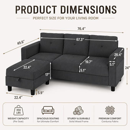 Convertible Sectional Sofa with Storage Ottoman, 77” L-Shaped 3-Seat Couch with Skin-Friendly Corduroy Fabric, Reversible Small Sectional for Small Space, Apartment, Living Room and Office(Dark Grey)
