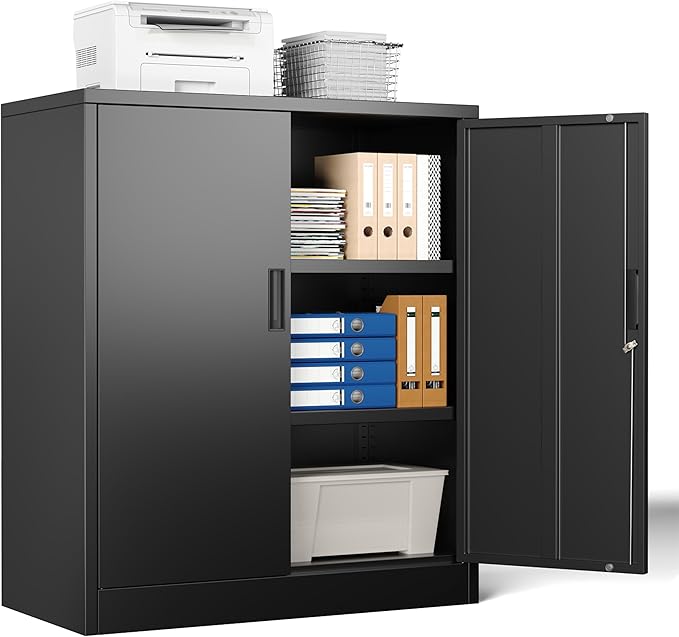 Metal Storage Cabinet, 36" H x 32" W x 16" D Locking Storage Cabinet, Metal Storage Cabinet with Locking Doors for Home, School, Office, Garage, Black