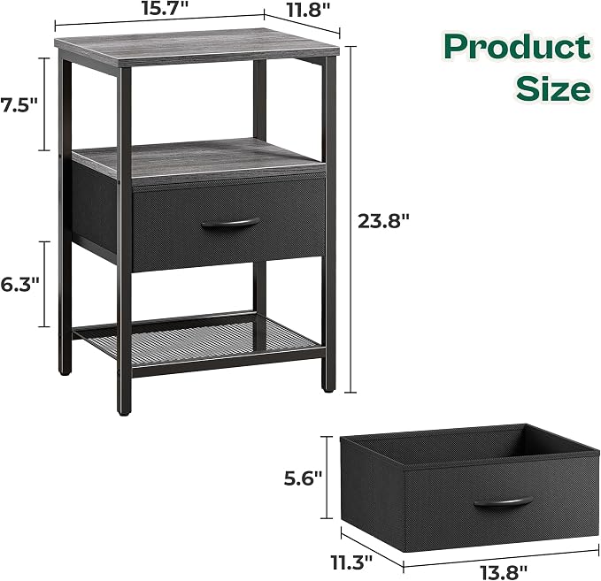 Huuger Nightstand Set of 2, Night Stand with Fabric Drawer, Mesh Shelf, Side Table with Storage, Fabric Drawer Dresser, Open Shelf, Metal Frame, Bedroom, Charcoal Gray