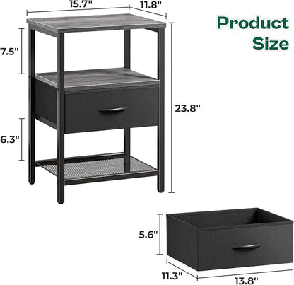 Huuger Night Stand with Fabric Drawer, Side Table with Mesh Shelf, Bedroom Nightstand, Fabric Drawer Dresser, Open Shelf, Metal Frame, Couch Side, Charcoal Gray