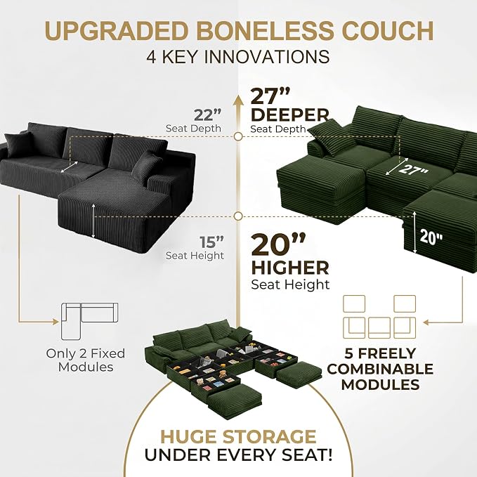 Upgrade Boneless Couch with Storage, Extra Deep&High Seat Modular Sectional Sofa 3 Seater U Shaped Cloud Couch with Ottoman, Tool-Free Assembly Sectional Couches for Living Room