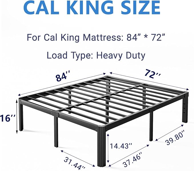 16 Inch High Platform California King Bed Frames No Box Spring Needed, Metal Cal King Bed Frame, Noise Free, Easy Assembly, Heavy Duty, Black