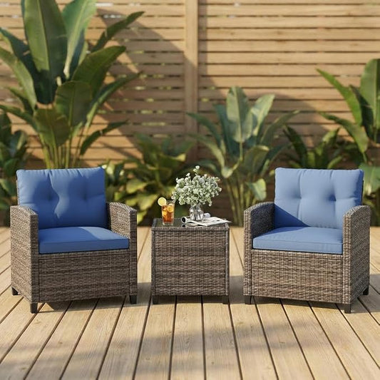 GarveeLife 3 Pieces Patio Furniture Set, PE Rattan Patio Conversation Set with Tempered Glass Tabletop, Outdoor Wicker Chairs and Table Set for Patio Balcony Garden, Grey & Blue