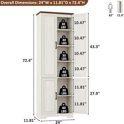 Function Home Farmhouse Kitchen Pantry Cabinet, 72" Tall Storage Cabinet with Doors and Adjustable Shelves, 6 Tier Freestanding Cupboard for Dining Room Living Room Bathroom, Antique White & Brown Top