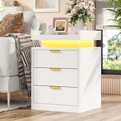 knoworld LED Nightstand with Charging Station & USB Ports, 3-Drawer Bedside Table with Adjustable RGB LED Lights, High-Gloss Modern Nightstands for Bedroom, White