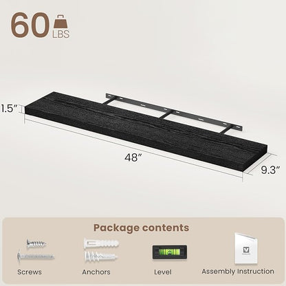 Vivelove 48 Inch Floating Shelves, Deep Wall Shelves with Invisible Brackets, Display Shlf for Bathroom Living Room Kitchen Bedroom Office Farmhouse Home Decor, 48" X 9.3" X 1.5" - Set of 2, Black
