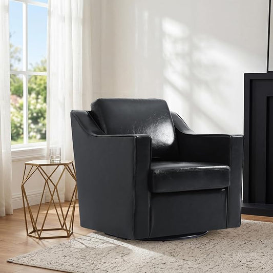 Swivel Accent Chair, Modern Round Barrel Arm Chair for Living Room, Bedroom, Comfy Club Reading Chairs for Adults (Leather Black, Set of 1)