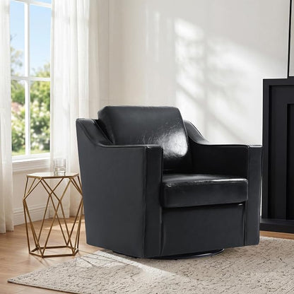 Swivel Accent Chair, Modern Round Barrel Arm Chair for Living Room, Bedroom, Comfy Club Reading Chairs for Adults (Leather Black, Set of 2)