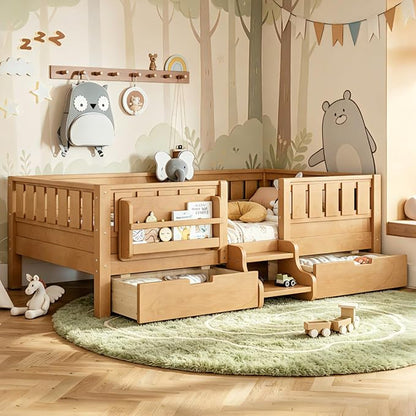 Bellemave Twin Bed with Storage Drawers & Bookshelf, Low Profile Kids Bed Frame with Staircase & Full Length Guardrails, Solid Wood Twin Bed for Kids with Slats Load 300LBS, Easy Assembly, Natural