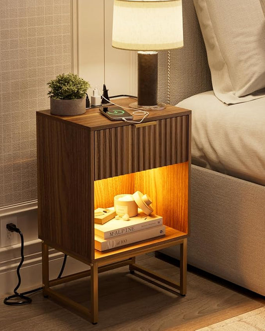 Masupu Fluted Nightstand with Charging Station and LED Lights,Modern Night Stand Wood Bedside Table with Storage Drawer Side End Table for Bedroom,Office,Walnut Brown