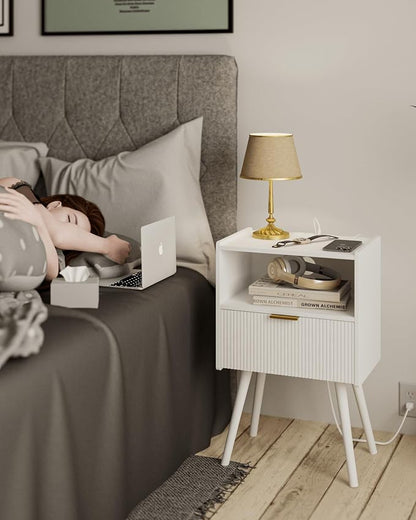 JOONEE White Nightstand with Outlet,Modern Bedside Table with Storage Drawer and Open Wood Shelf, for Living Room, Bedroom and Small Spaces, Accent Night Stand with Solid Wood Legs, Easy Assembly