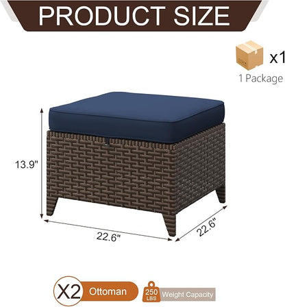 Patio Ottomans 2 Pieces, Outdoor 22" x 22" PE Wicker Ottoman with Removable Waterproof Cushions, All Weather Rattan Foot Stool Furniture for Deck, Porch, Backyard, Balcony, Poolside