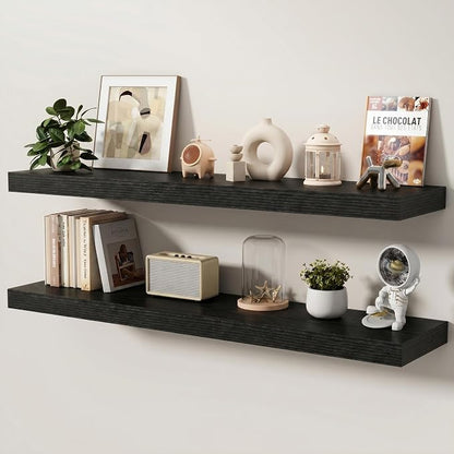 Floating Shelves for Wall, 48 Inch x 8 Inch Deep Wall Mounted Wood Shelf with Invisible Brackets for Storage & Display, Living Room Bedroom Kitchen, Black, Set of 2