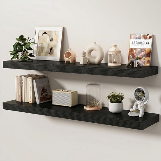 Floating Shelves for Wall, 48 Inch x 8 Inch Deep Wall Mounted Wood Shelf with Invisible Brackets for Storage & Display, Living Room Bedroom Kitchen, Black, Set of 2