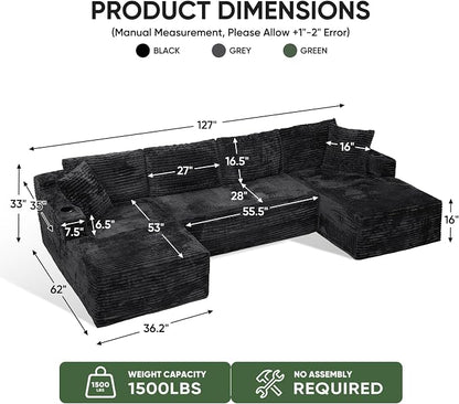 Boneless Couch, 127" Sofas for Living Room, U Shaped Couch with Chaise | Sectional Sofa, Cloud Couch Sectional with Cup Holders and Storage, Cloud Sofa with Deep Seat, Black, Corduroy, No Assembly