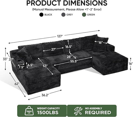 Boneless Couch, 127" Sofas for Living Room, U Shaped Couch with Chaise | Sectional Sofa, Cloud Couch Sectional with Cup Holders and Storage, Cloud Sofa with Deep Seat, Black, Corduroy, No Assembly