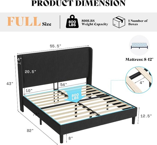 AMERLIFE Full Bed Frame, Upholstered Platform Bed with Corduroy Headboard, Easy Assembly Modern Black Bed Frame with Wooden Slats Support, No Box Spring Needed