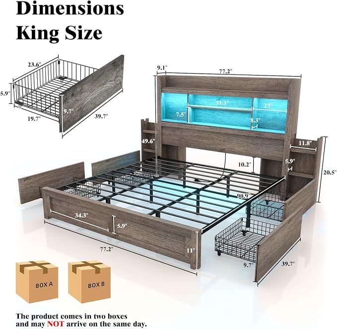 LUXOAK King Bed Frame with 49.6" Bookcase Headboard & 2 Bedside Stoage Racks & 4 Drawers, Farmhouse Wood Bed Frame with RGB LED & Charging Station, No Box Spring Needed, Grey