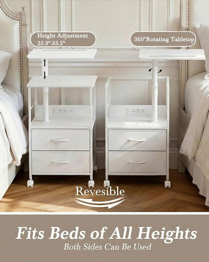 Faesun Swivel Lift Top Nightstand with Charging Station, Rolling Side Table for Recliner, Bedside Table with Wheels & 2 Fabric Drawers, for Small Spaces, for Bedroom, Living Room, White