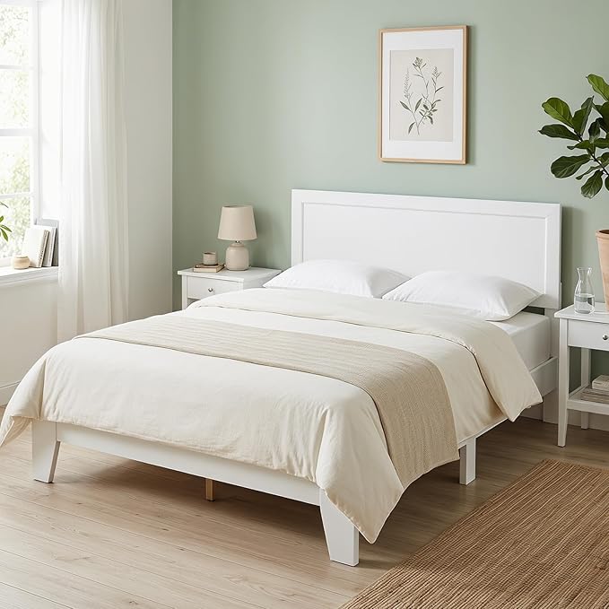 KOMFOTT Queen Size Bed Frame, Modern Platform Bed with Headboard, Wooden Slat Support Mattress Foundation, Under-Bed Storage Space, No Box Spring Needed(White,Queen)