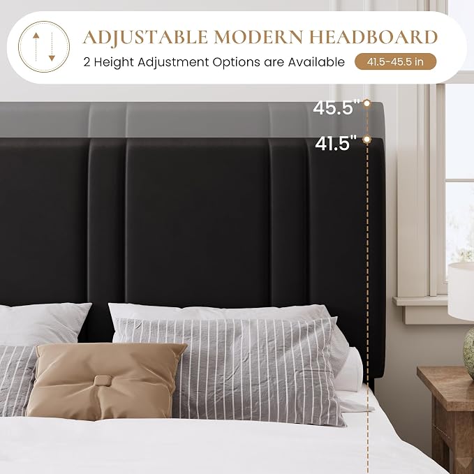 SHA CERLIN Full Size Platform Bed Frame, Velvet Upholstered Bed with Adjustable Headboard, Vertical Channel Tufted Design, Sturdy Wood Slat Support, No Box Spring Needed, Easy Assembly, Black