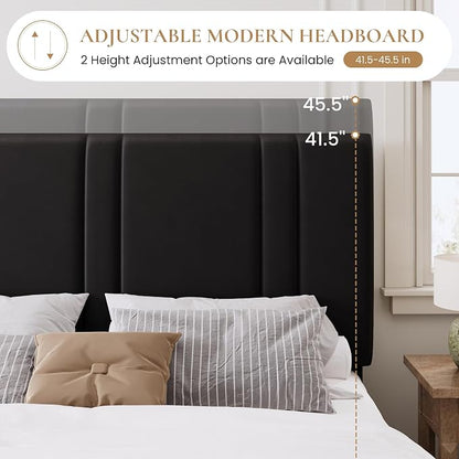 SHA CERLIN Full Size Platform Bed Frame, Velvet Upholstered Bed with Adjustable Headboard, Vertical Channel Tufted Design, Sturdy Wood Slat Support, No Box Spring Needed, Easy Assembly, Black