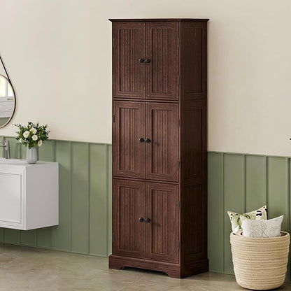 ChooChoo Tall Bathroom Storage Cabinet with 6 Doors, Freestanding Floor Cabinet with Adjustable Shelves, Rustic Walnut Pantry Cabinet for Bathroom, Kitchen, Laundry Room
