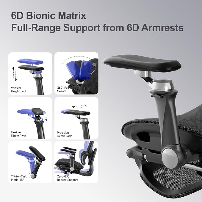 Office Chair with Footrest, Ergonomic Chair with 3D Headrest, Computer Chair with Adjustable Backrest & 6D Armrest, Gaming Chair with Adaptive Lumbar Support, Adjustable Seat Depth, Black