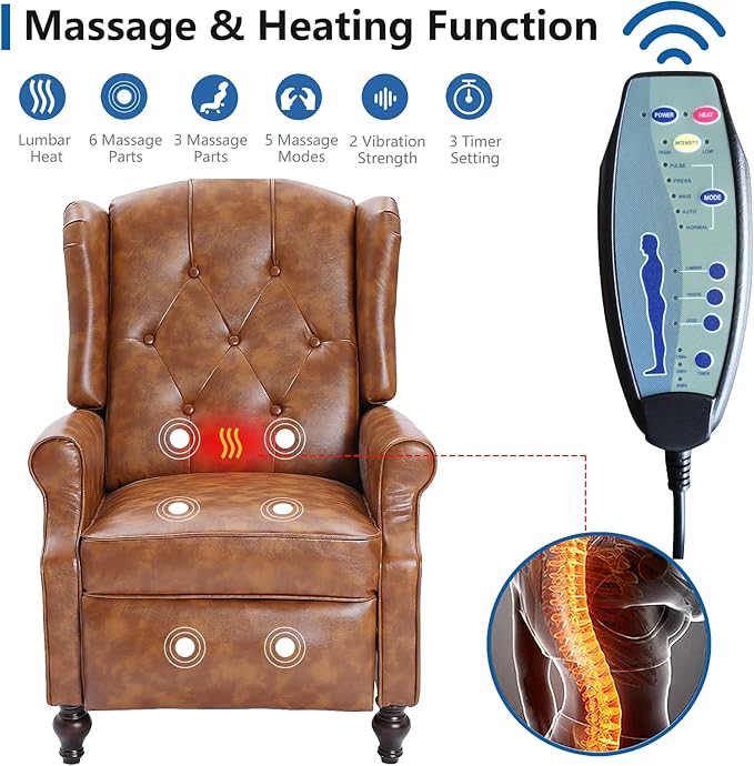 Wingback Recliner Chair with Heat and Massage, PU Leather Push Back Recliner Chair for Living Room, Vintage Wingback Recliner with Remote Control,Padded Cushion,Backrest,Wooden Legs