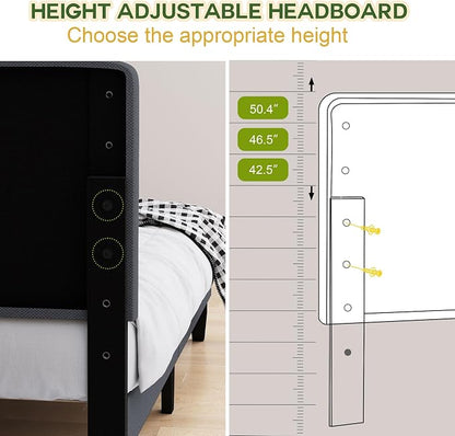 King Size Bed Frame with Headboard, Platform Bed with Soft Linen Upholstered Headboard | Wooden Slats Support | Adjustable Height | No Box Spring Needed, King Bed Frame Grey