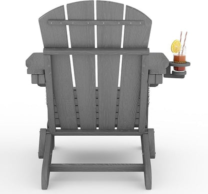 Garvee Folding Adirondack Chair Set of 2 with Side Table, HDPE Outdoor Patio Chair with Cup Holder, All Weather Resistent Wooden Textured for patios, Decks, Gardens, fire Pit, Grey