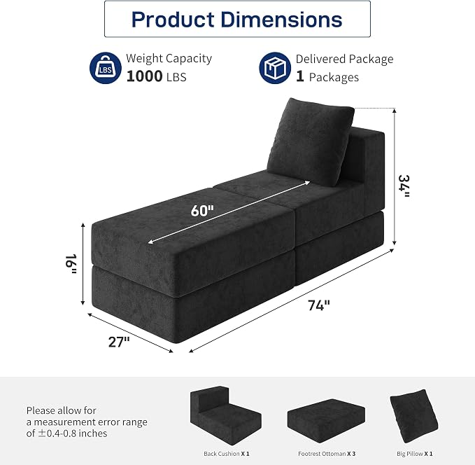 Living&Giving Cloud Sectional Couch for Living Room, Modular Boneless Couch with 1 Ottoman, Middle-seat Can Be Combined with Modular Sofa, Customizable Layout for Any Space, Black