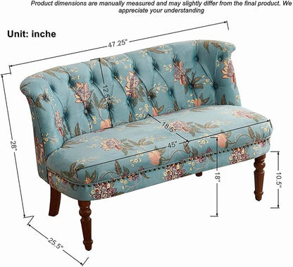 47" Upholstered Entryway Bench with Back, Tufted Entry Bench with Wood Leg | Mid-Century Modern Small Bench Floral Print Loveseat Seating Benches Sofa for Balcony, Living Room, Bedroom (47" /w back)