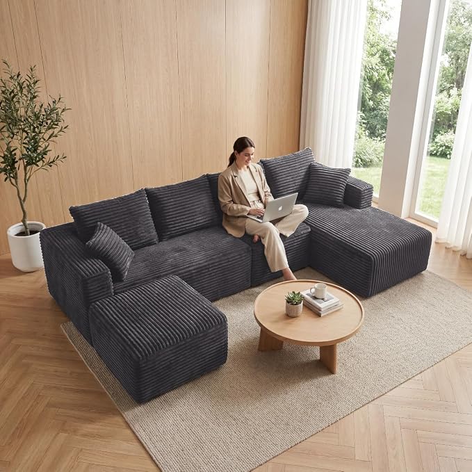 118" Modular Sectional Sofa with Chaise and Ottoman, Oversized U-Shaped Corduroy Cloud Couch, Deep Seat Boneless Couch for Living Room, No-Assembly - Grey (Right Facing Chaise)