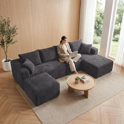 118" Modular Sectional Sofa with Chaise and Ottoman, Oversized U-Shaped Corduroy Cloud Couch, Deep Seat Boneless Couch for Living Room, No-Assembly - Grey (Right Facing Chaise)