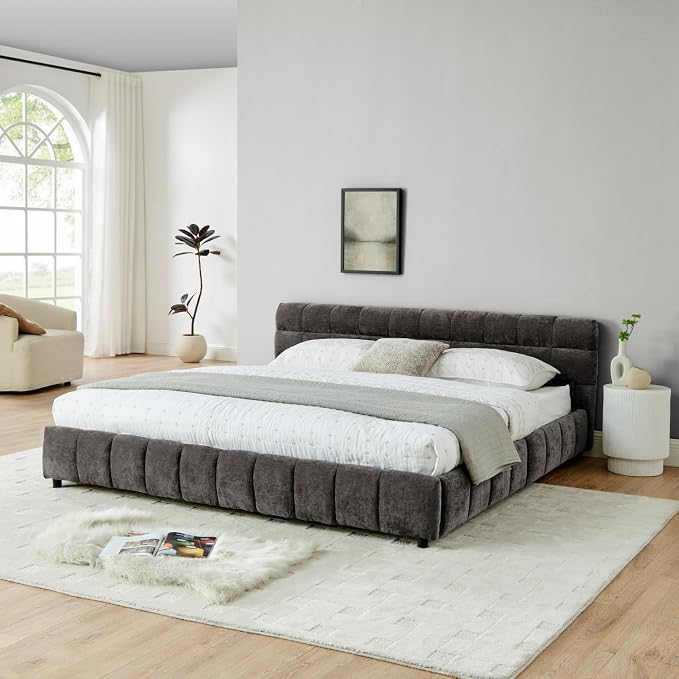 KEIKI King Thick Chenille Bed Frame with 4 Storage Drawer & Upholstered Tufted Headboard, Modern Solid Wood Floor Platform for Bedroom, No Box Spring Needed