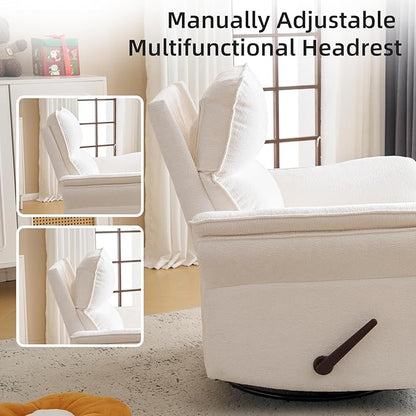 Oversized Recliner Chair, 26" Extra Wide 360° Swivel Rocker Recliner with Adjustable Headrest, Chenille Glider Rocking Nursery Chair with Overstuffed Armrest, Lumbar Support, White